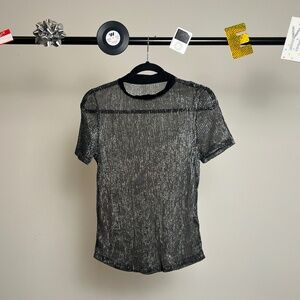 SHEIN Men's Shiny Mesh See-Through Short Sleeve Shirt (Black, Medium)